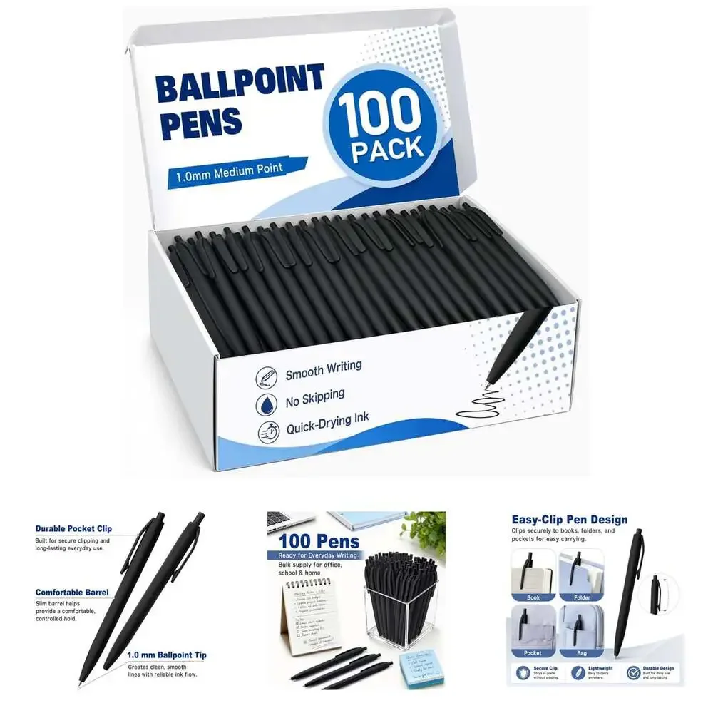 Ballpoint Pens Bulk 100 Count Black Retractable 1.0Mm Medium Point Quick-Drying